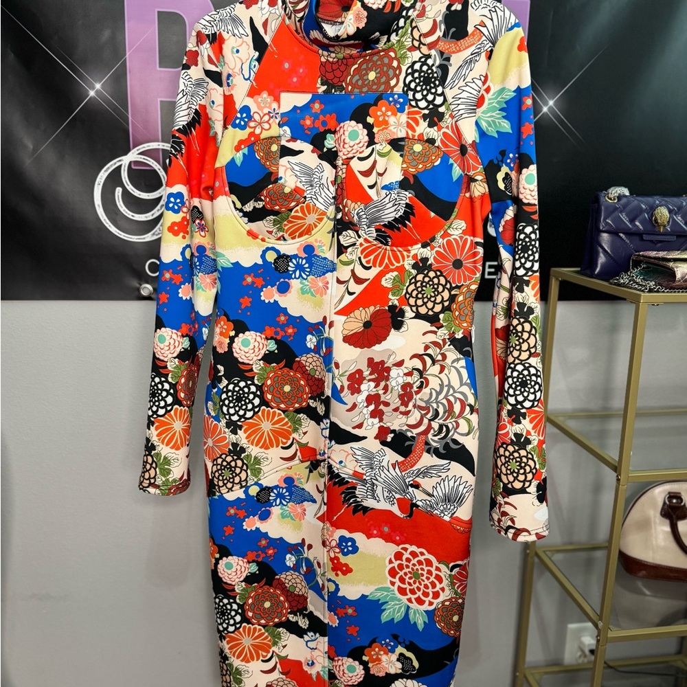 Nuvula Red and Blue Floral Sheath Dress with Mock Neck